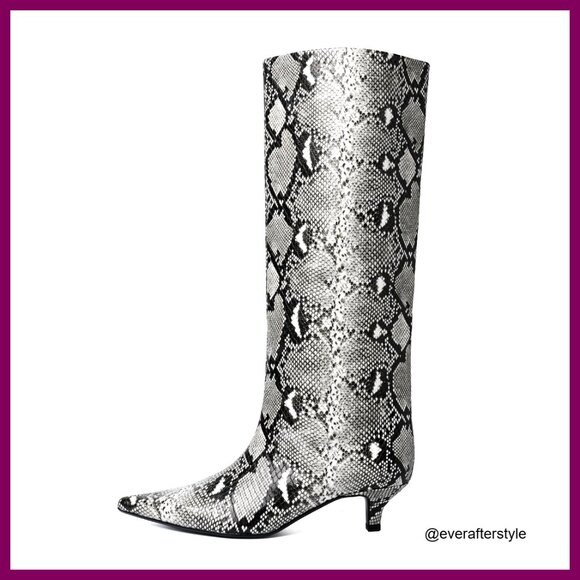 Shoes - Snake-Pattern PU Leather Knee High Boots Kitten Heel Pointed Toe Pull On